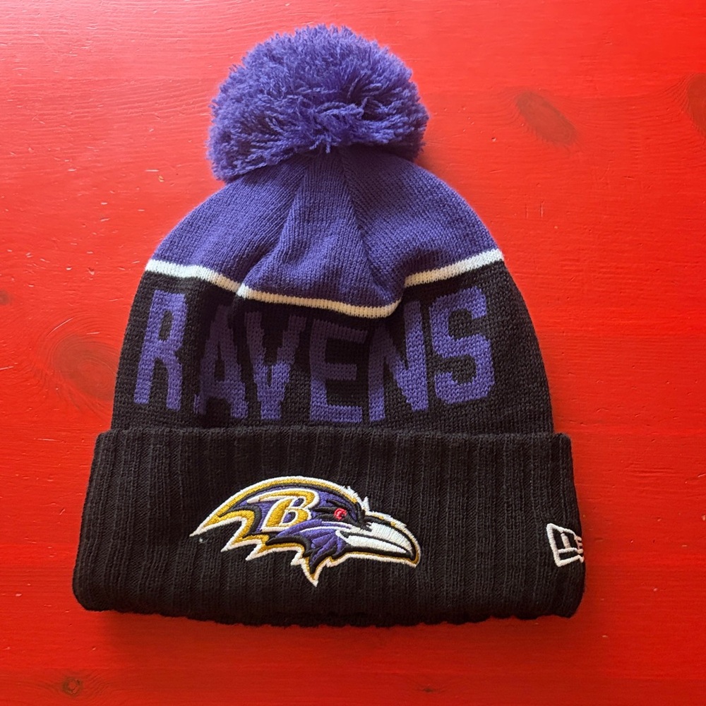 New Era Ravens Purple and Black Beanie with Pom